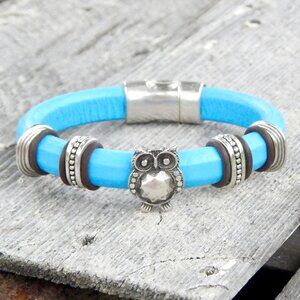 OWL Bracelet - Regaliz Licorice Leather - Owl - Slider Charm - HANDMADE in USA